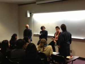 Panelists Dan Collins, Marinela Tudoran and Antoinette O'Neill, and discussion leader Prof. Linda Weiser Friedman (from left to right)